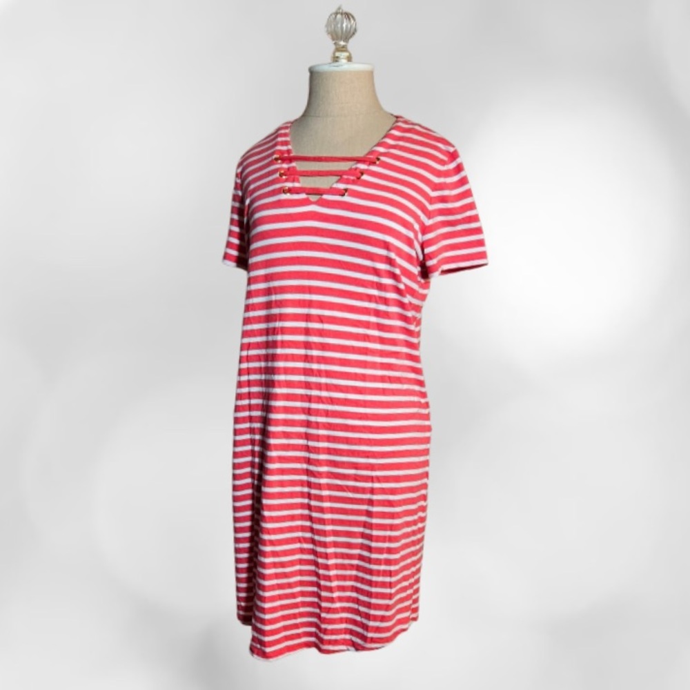 EUC Women's Coral & White Striped Michael Kors T-Shirt Dress Medium